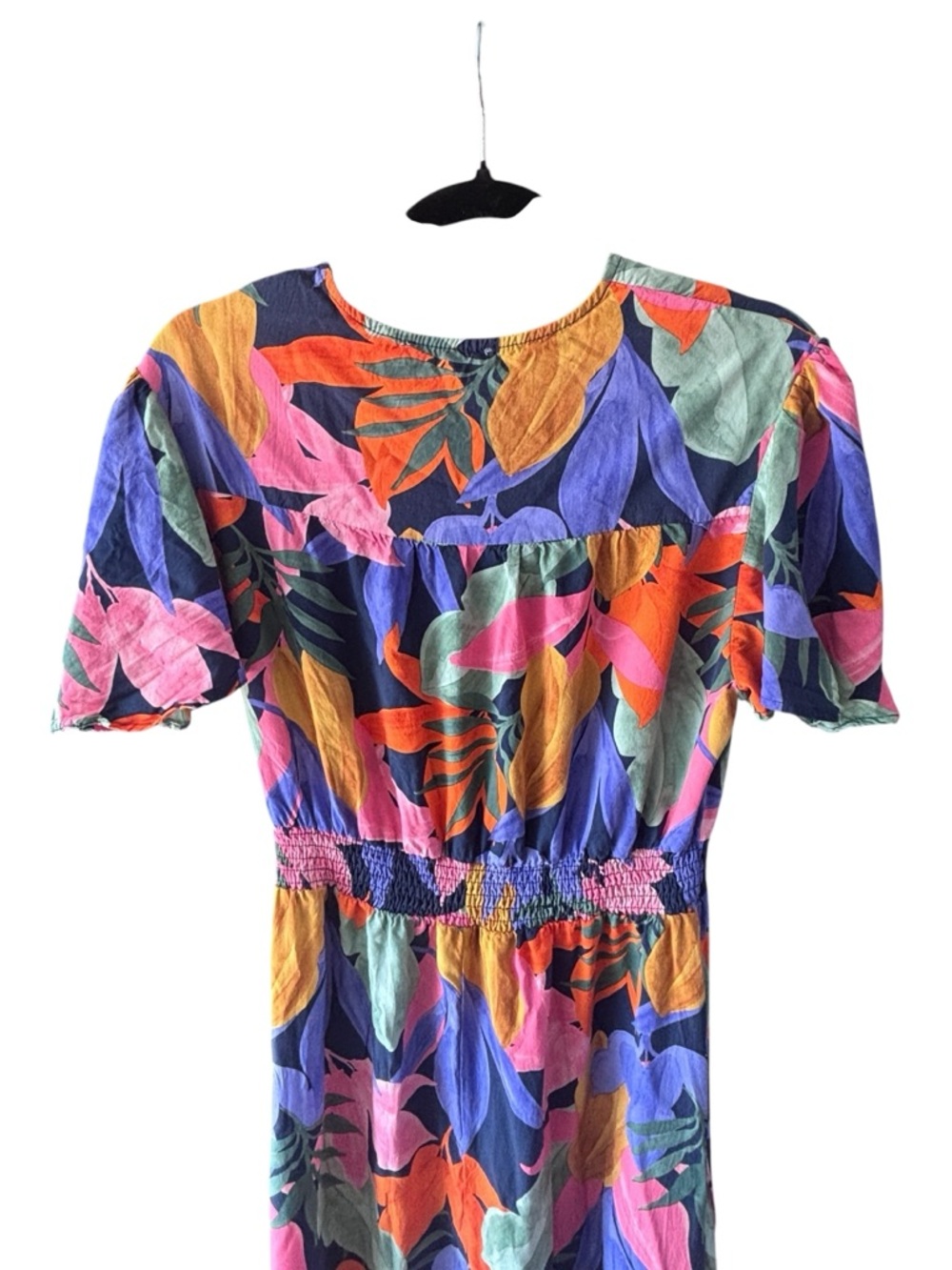 Abel The Label Tropical Floral Dress Smocked Waist Button Front Midi Dress L - Picture 6 of 6